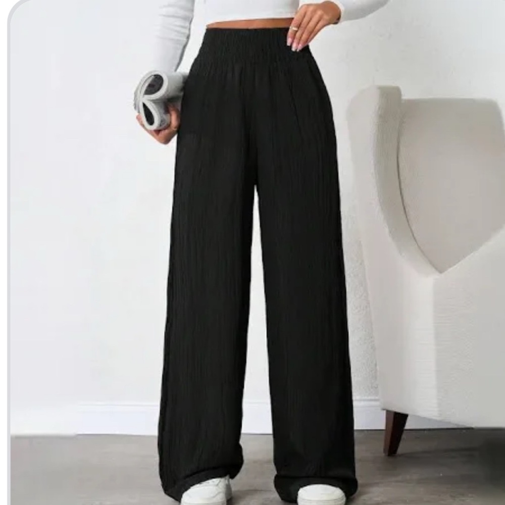 Black SHEIN Wide-Leg Flare Bottom High Elastic Waist Pants Vertical Seam Pant